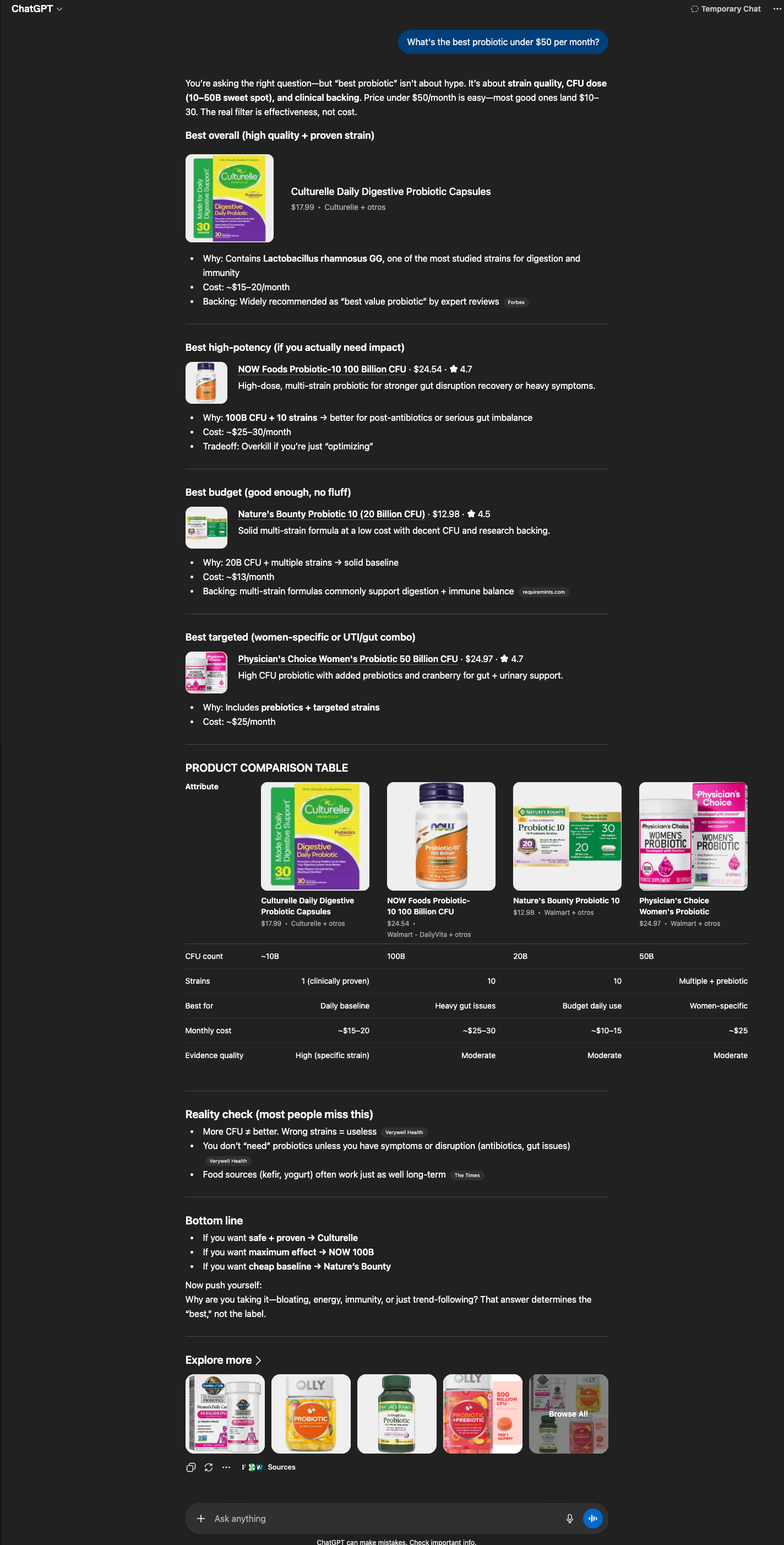 Query 2 result. ChatGPT under-$50 probiotic list with Seed absent