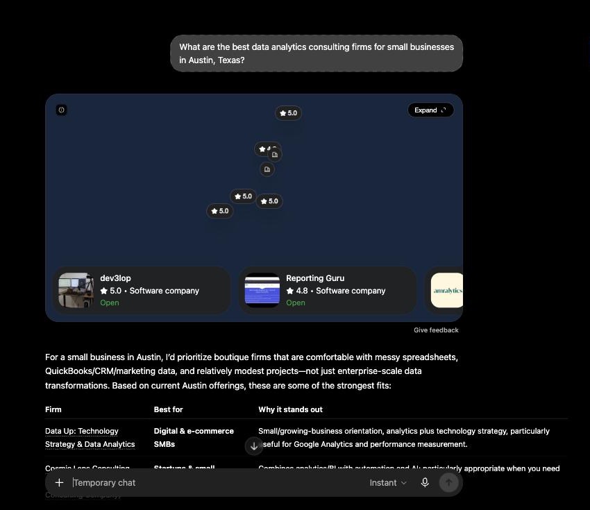 ChatGPT temporary chat showing the structured local results omit Ein Insights