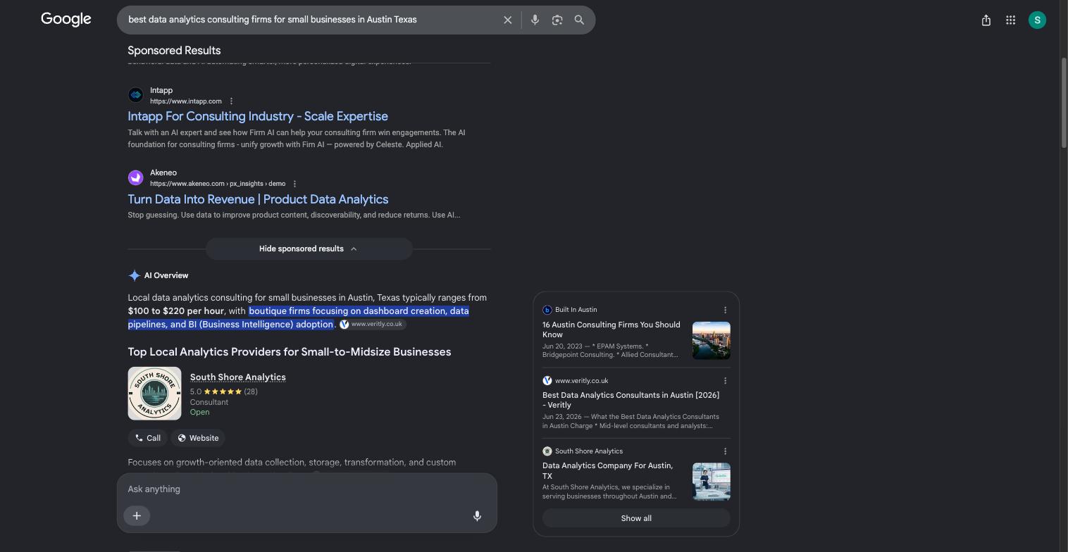 Google AI Overview for Austin data analytics firms omitting Ein Insights and citing local shortlist sources