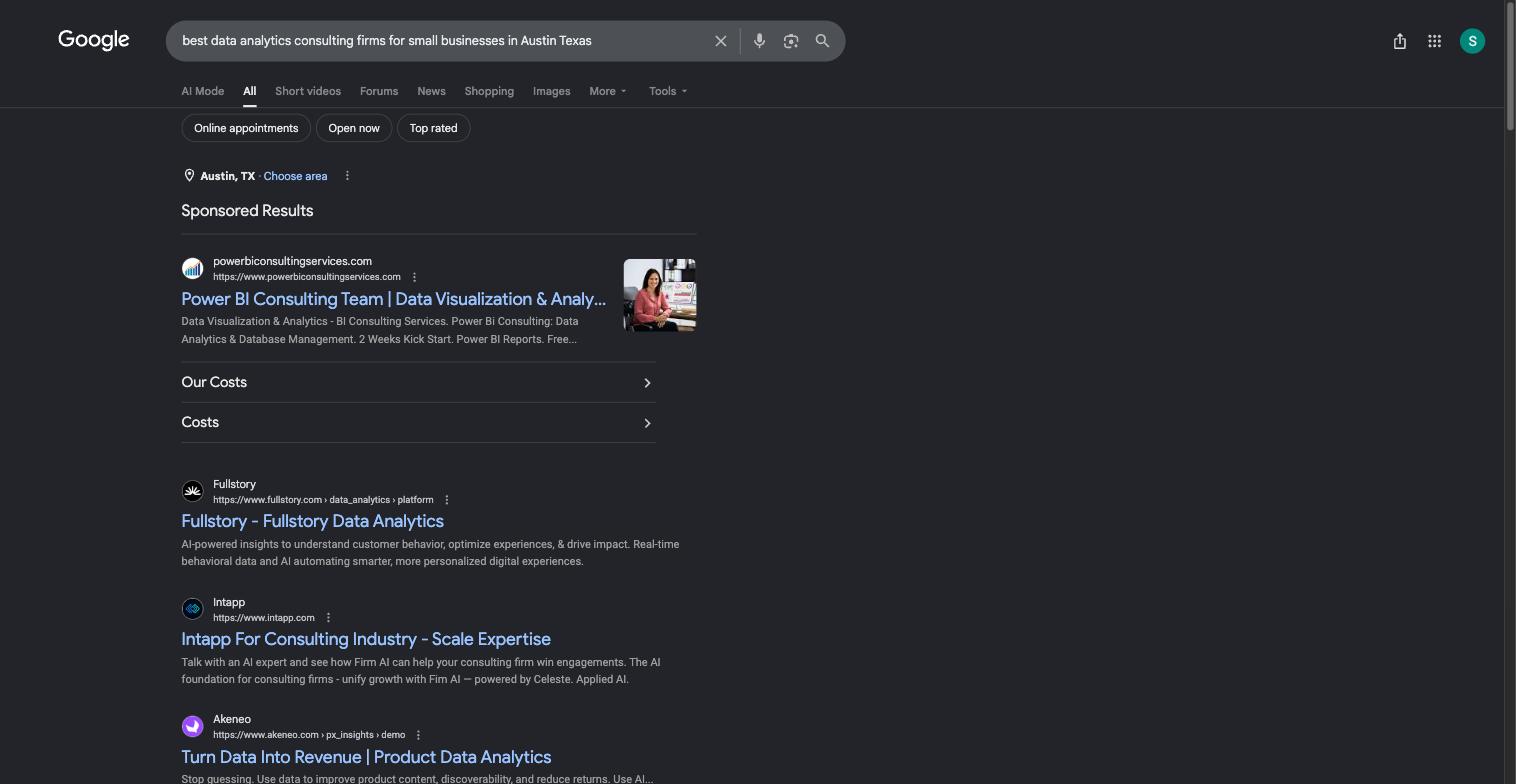 Google search result top section for the Austin data analytics query
