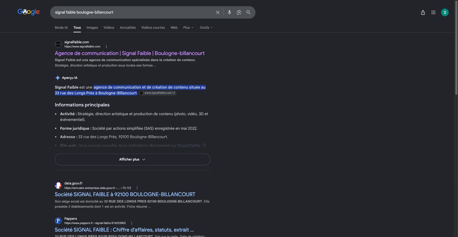 Google result showing legal registry corroboration for Signal Faible