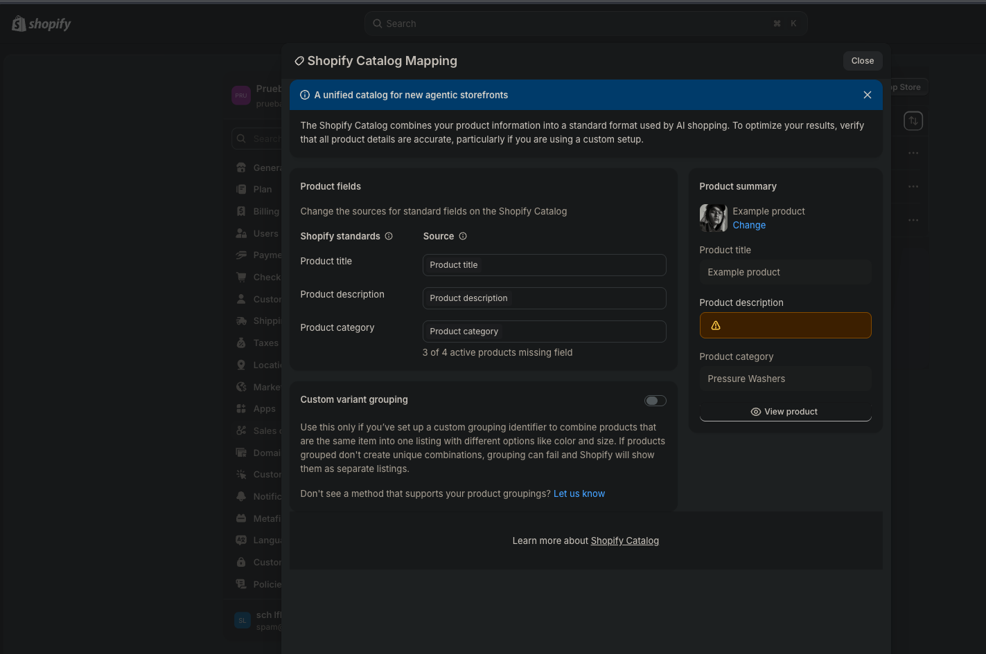 Shopify Catalog Mapping showing product description warning