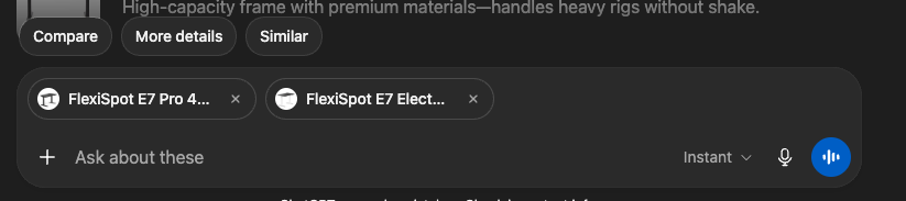 Tick two products and a Compare button appears in the input bar