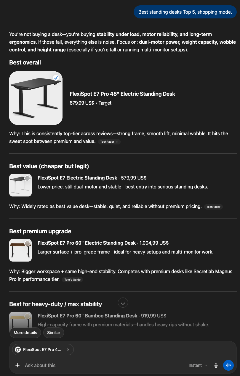 ChatGPT shopping mode results for 'Best standing desks Top 5'