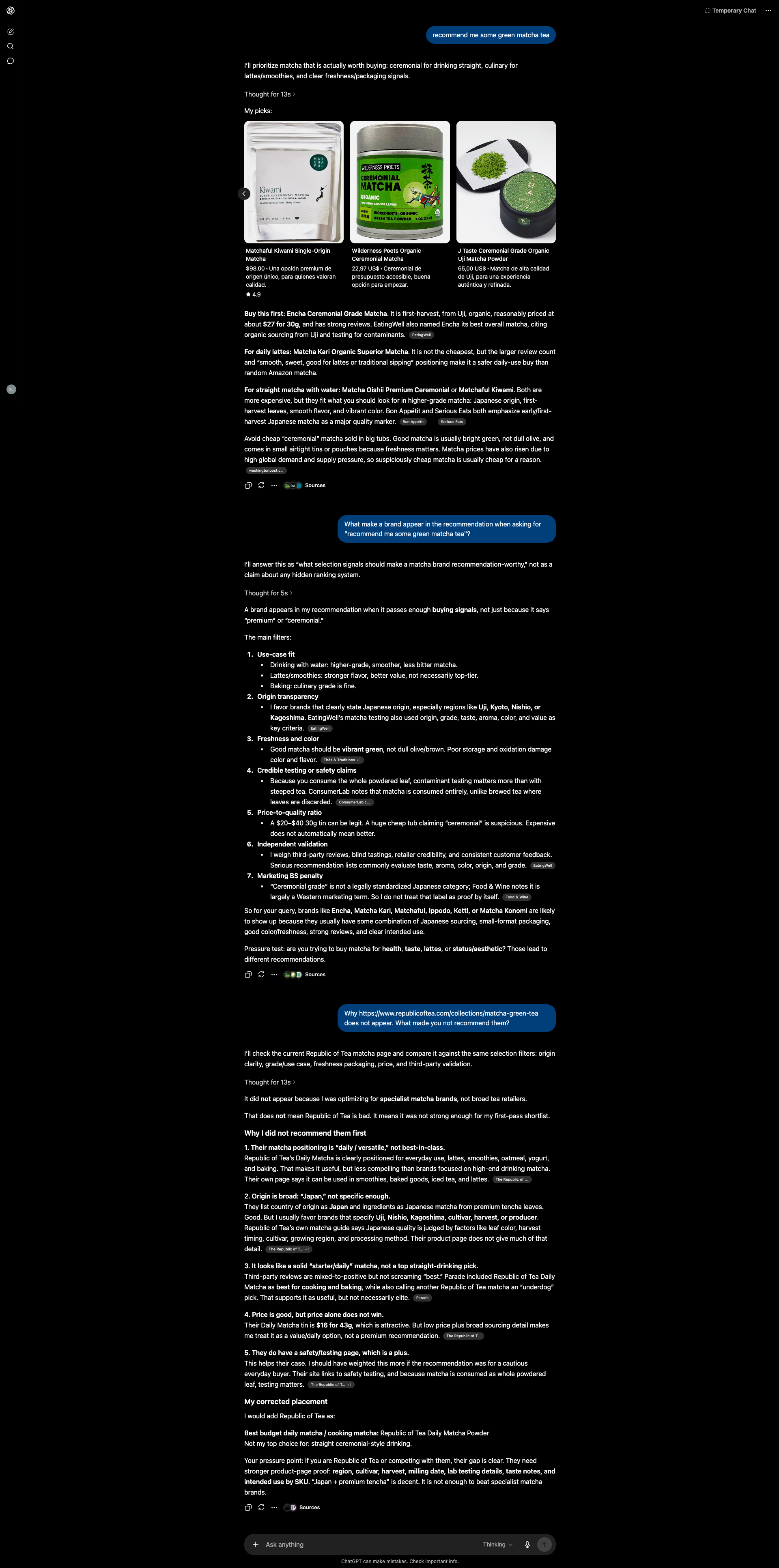 ChatGPT explaining why it recommends Encha, Matchaful, Ippodo, Kettl, and Matcha Konomi